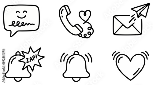 A charming collection of simple, hand-drawn vector icons representing communication, connection, and notifications in a delightful graphic style