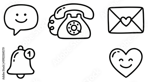 Vector illustration set featuring hand drawn communication icons including a speech bubble telephone envelope notification bell and a happy heart