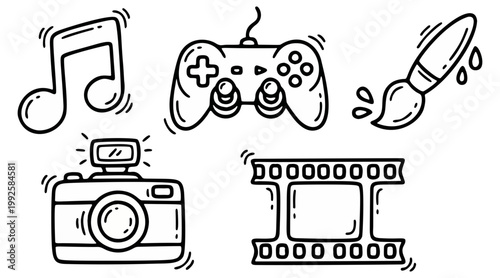 A charming vector illustration showcasing essential elements of creativity including music notes, gaming controller, paintbrush, camera, and film strip