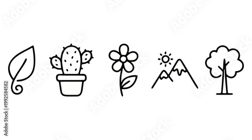 Five hand drawn line vector icons featuring a simple leaf cactus flower mountain and tree for minimalist nature design projects