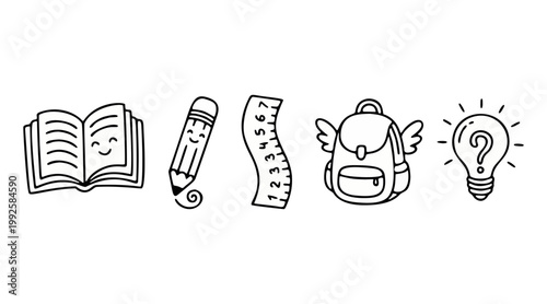 Charming vector illustration featuring a collection of hand-drawn cartoon school supplies and learning icons, ideal for educational graphic design.