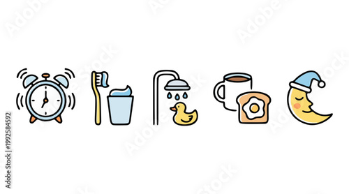 Charming vector illustration collection of morning routine icons depicting an alarm clock, dental hygiene, a shower, breakfast, and a sleeping moon.