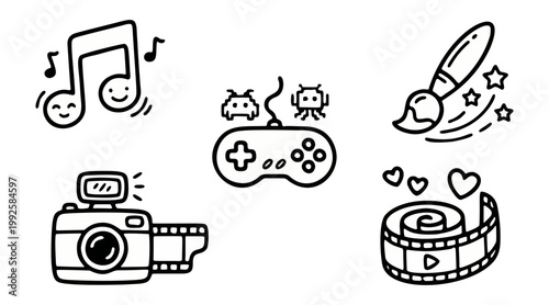Collection of whimsical hand-drawn vector illustration icons representing creativity, entertainment, and artistic expression