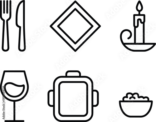 Restaurant dining icons set illustration, fork knife candle wine glass food bowl smartwatch symbols, hospitality service concept, outline vector design