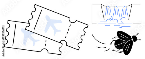 Travel, transportation, environmental conservation, water management, nature, sustainable development. Pair of airplane tickets, flowing water diagram and a fly. Travel and environmental