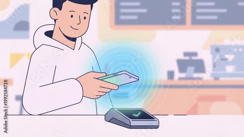 Animated Character Using Smartphone For Contactless Payment, Glowing Ripple Effect From Phone, Clean Modern Style