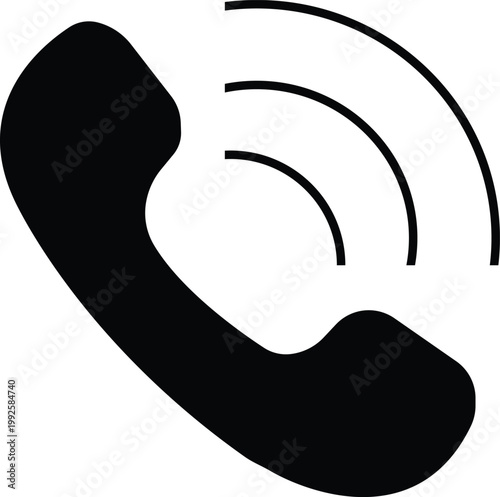 Art & Illustration, Solid black vector silhouette of a telephone receiver with ringing sound waves. Represents incoming calls, customer service, and communication.