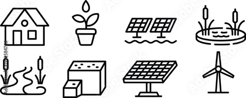 Sustainable eco icons set illustration, renewable energy solar panels wind turbine water conservation house plant symbols, environmental line vector design