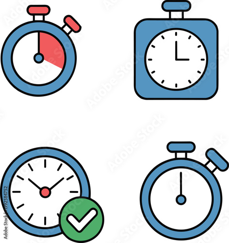 Time management icons set illustration, stopwatch clock timer symbols collection, deadline schedule concept, productivity tools, flat outline vector design