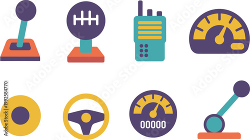 Vehicle control icons set illustration, gear shift joystick speedometer steering wheel radio symbols, automotive dashboard elements, flat vector design
