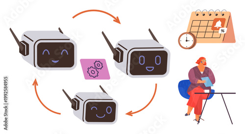 Artificial intelligence, task management, workflow automation, scheduling systems, technology use, human collaboration. Smiling robots, settings icon calendar and person at desk. Workflow