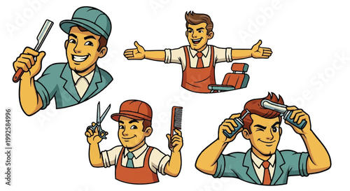 Barber illustrations set stylized male characters and tools