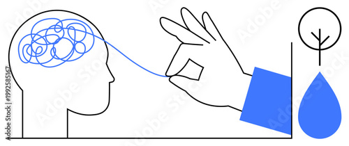 Therapy, mental clarity, problem solving, neuroscience, emotional well-being, stress management. Hand untangling blue thread from human brain outline. Mental clarity and emotional well-being concept