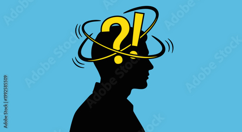 Bild auf Leinwand Silhouette of a Man with Dizziness, Question Mark, and Exclamation Mark Above He