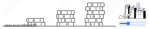 Financial growth, urban planning, savings, investment trends, real estate, wealth management. Stacked coins increasing in size with a cityscape in the background. Financial growth and urban planning