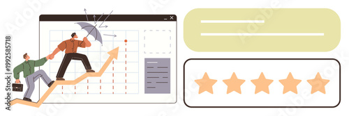 Business growth, teamwork, customer satisfaction, collaboration, leadership, goal achievement. Two people ascending an arrowed graph with a rating system. Business growth and teamwork concept
