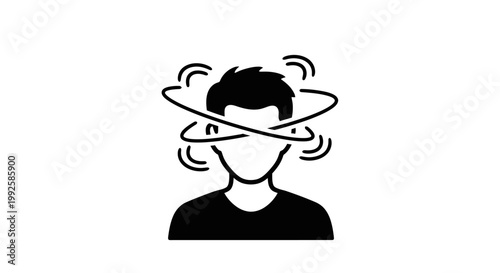 Man's Head Feeling Dizzy and Confused with Spinning Arrows, Dizziness and Vertigo Concept, Isolated White Background