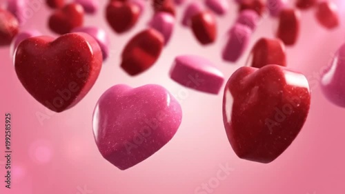 Dynamic close-up broll of sweet heart confectionery cascading against a vibrant pink background, perfect for advertising and promotion.