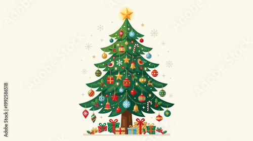 Beautiful Decorated Christmas Tree with Wrapped Gift Boxes Underneath.