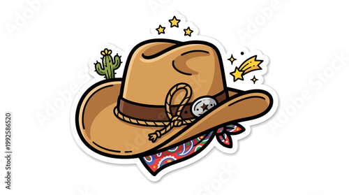 Cartoon cowboy hat illustration with bandana and cactus sticker design.