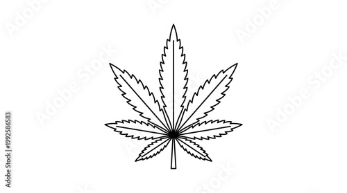 Minimalist black and white line art illustration of a cannabis leaf.