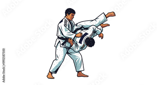 Judo fighters in action, one throws the other in white gis