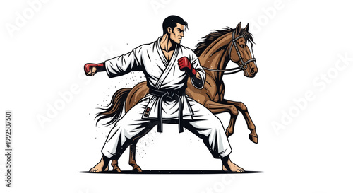 Karate fighter and horse, symbol of strength and discipline