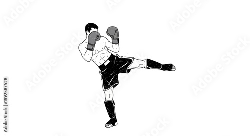 Kickboxer performing a side kick, fighting stance, dynamic movement, black and white illustration.