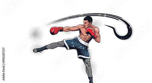 Male kickboxer performing a dynamic leg sweep kick with red boxing gloves