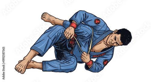 Martial artist in blue gi performing grappling technique on white background