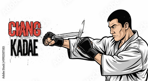 Martial Artist in Karate Gi Demonstrates Knife Technique