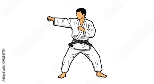 Martial arts fighter in white gi performing a punch, isolated on white background.