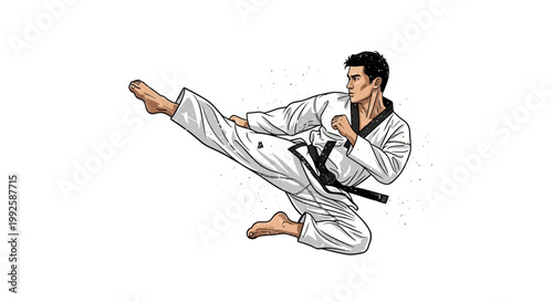 Martial arts fighter doing a flying side kick in a white uniform.