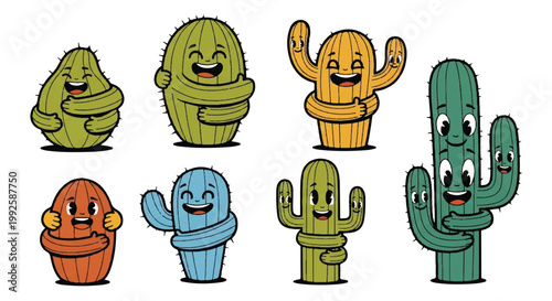 Cartoon cacti characters smiling in a group illustration