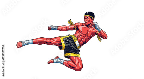 Thai boxer performing a flying side kick, dynamic martial arts action