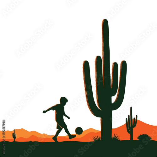A silhouette of a child kicking a soccer ball next to a giant Saguaro cactus in the desert, orange and dark green color scheme, sunset lighting, minimalist flat vector artwork, clipart style,