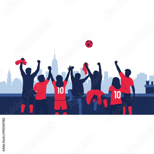 Diverse soccer fans celebrating on a Brooklyn rooftop with a minimalist silhouette of the Manhattan skyline in the background, sharp afternoon lighting, clean composition with significant white