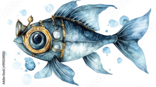 Steampunk fish illustration with watercolor splashes