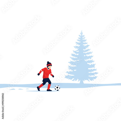 A child in a bright red jersey playing soccer in a snowy Canadian backyard with a simple pine tree silhouette, crisp cold atmosphere, high contrast white snow and red accents, minimalist flat
