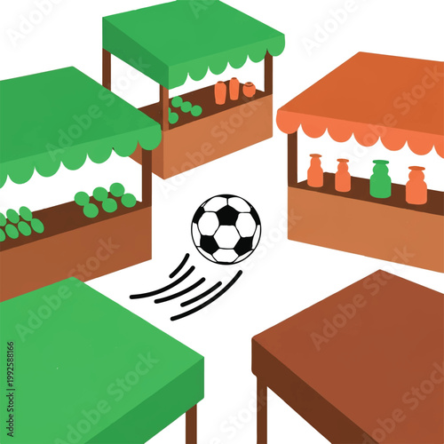 A soccer ball rolling between colorful market stalls in a Mexican tianguis, vibrant green and earthy brown tones, simple geometric shapes, clean overhead perspective, minimalist flat vector