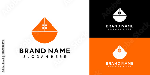 A business logo design concept features a house inside a droplet on a black and orange background with text.