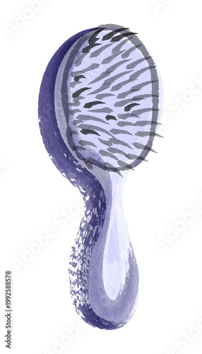 
Purple watercolor hairbrush illustration isolated on light gray background featuring a beauty grooming tool with soft artistic brush strokes and hand painted texture