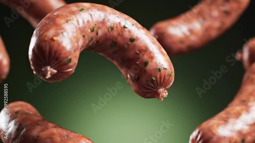 Dynamic Studio Shot of Savory Raw Sausages Cascading for Advertising Broll and Promotion Visuals