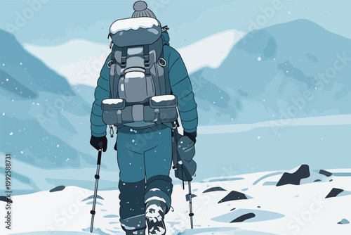 Hiker walks through snowy mountain landscape carrying backpack and trekking poles in winter conditions