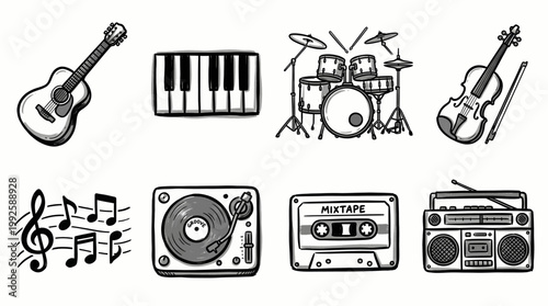 set of hand drawn vector illustration of musical instruments