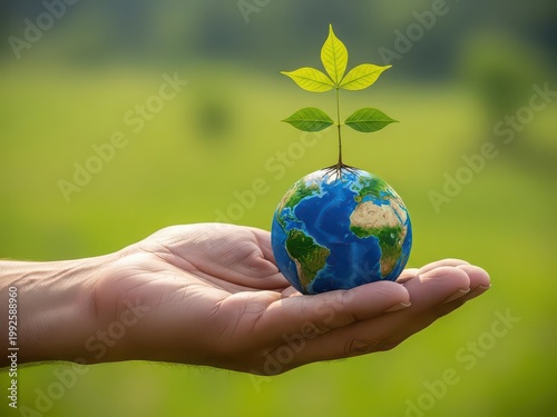 Hand holding globe with plant growing from it earth planet