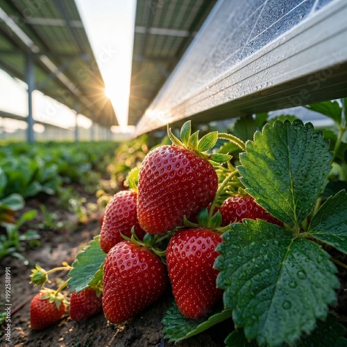 Ripe Red Strawberries Thriving Beneath Protective Solar Panel Structures in a Greenhouse Row