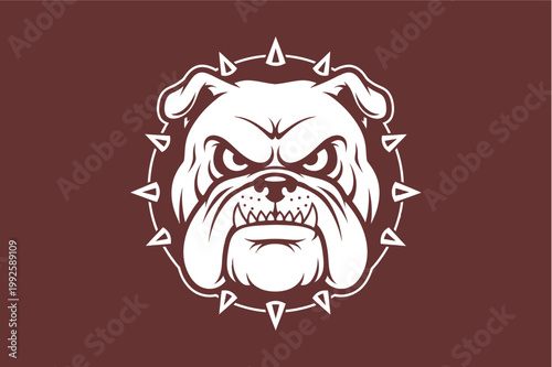 An angry bulldog's head illustration surrounded by spikes on a maroon background.