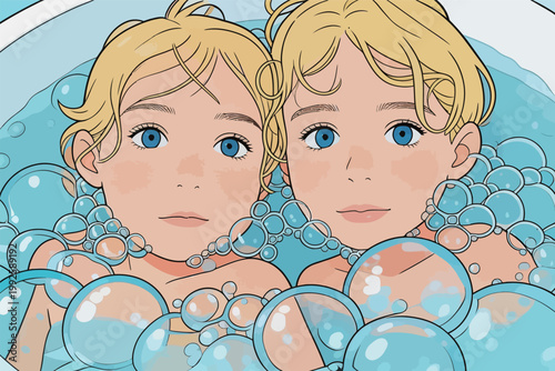 Two children enjoying playtime in a bubble bath while smiling and having fun together