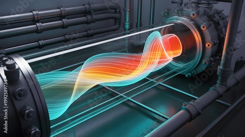 Glowing colorful light energy flowing through a transparent glass tube inside a mechanical device